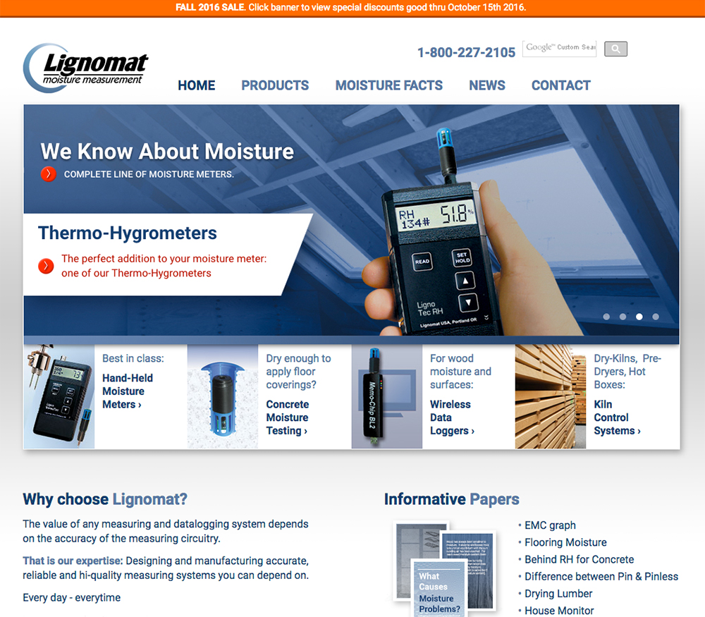 A website design for a company that manufactures moisture meters.