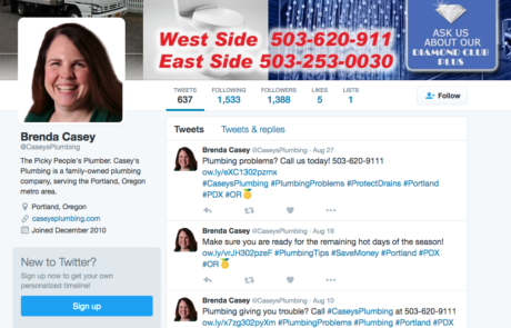 A woman's twitter page with a picture of a plumber.