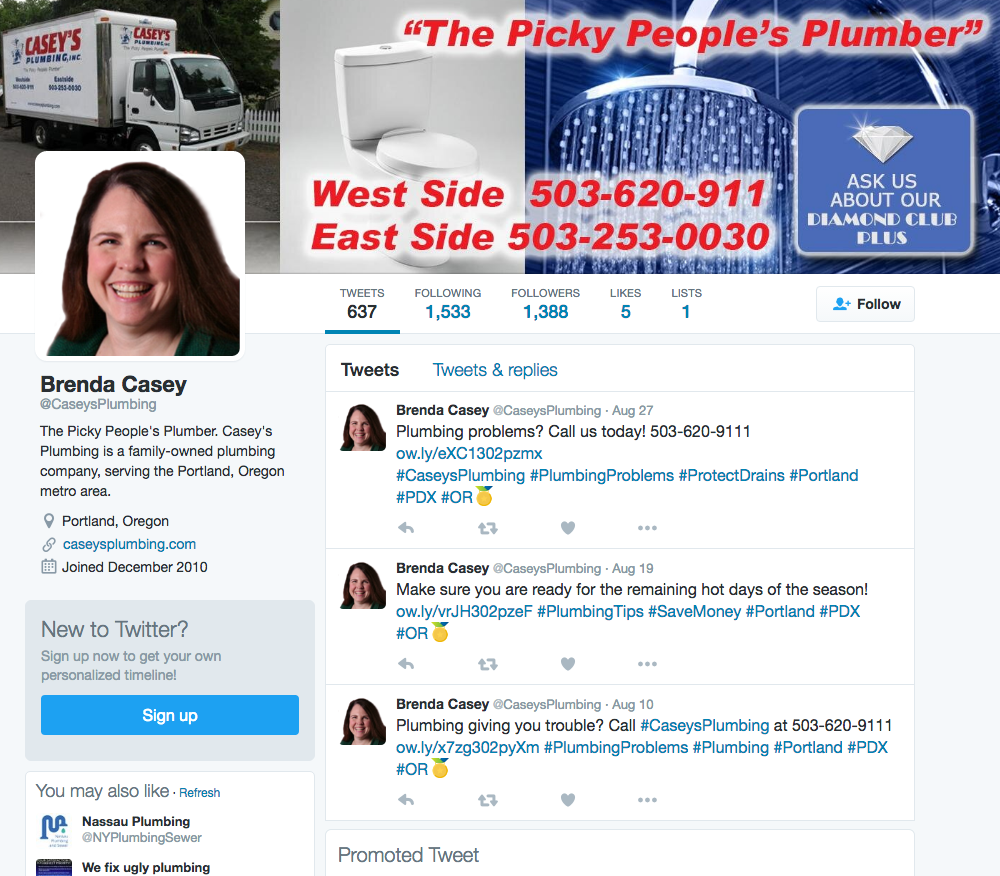 A woman's twitter page with a picture of a plumber.