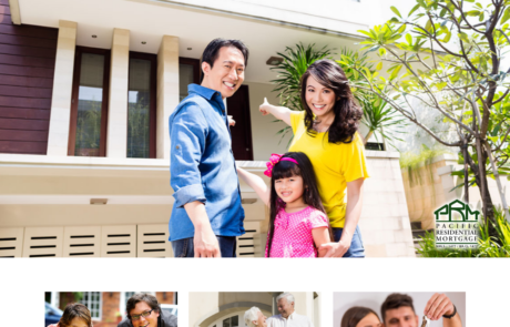 A website design with a family standing in front of a house.