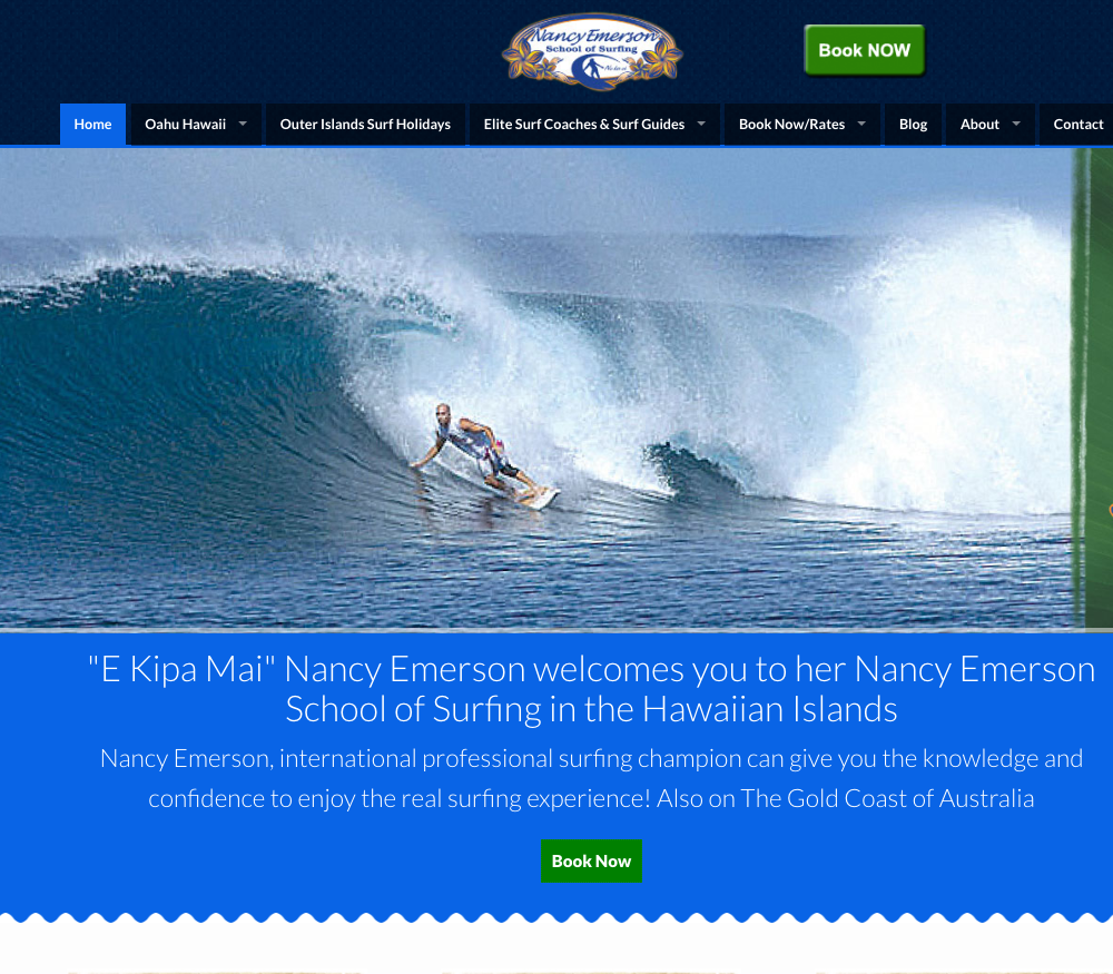 A website with a surfer on a surfboard.