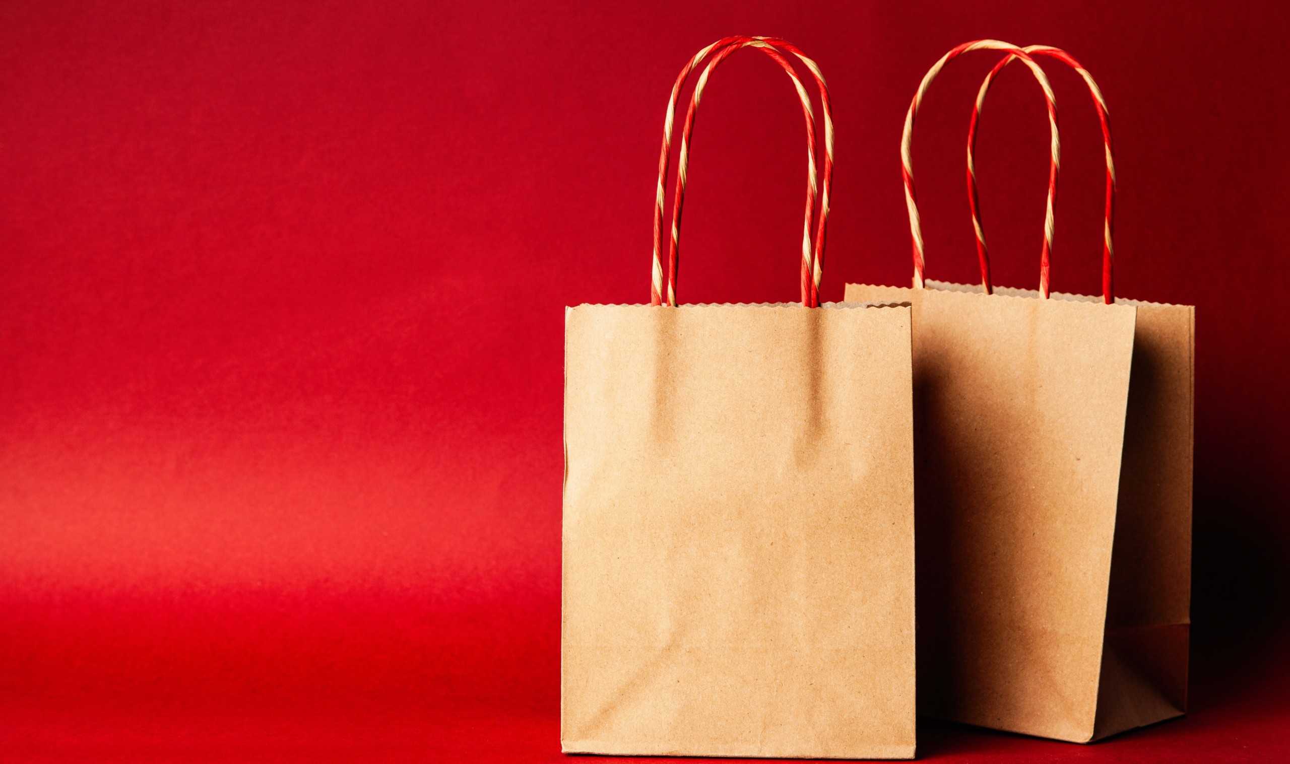 Two brown paper shopping bags on a red background.