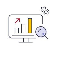 A digital marketing icon featuring a magnifying glass and a graph.