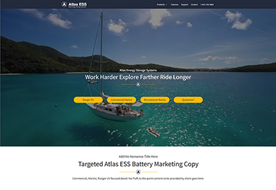 Homepage of a website showing a boat on the ocean.
